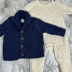 Baby Gap Boy Cable Knit Sweater Romper & Shawl Collar Button Cardigan 6-12 mo